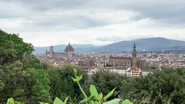 Wide angle shot of Florence, Italy, featuring the iconic Duomo and Santa Croce against lush greenery. Soft natural lighting and overcast skies create a serene, cinematic cityscape view. (198)