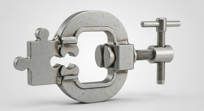 Metal clamp squeezing a puzzle piece conceptual image.