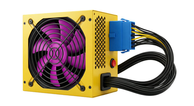 Yellow Computer Power Supply Unit PSU with Purple Fan and Cables