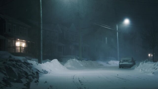 Intense nighttime blizzard with strong gusts in Beechville near Halifax.Thick snow swirls violently, forming large snowdrifts that obstruct streets sidewalks, streetlights struggle shine through storm