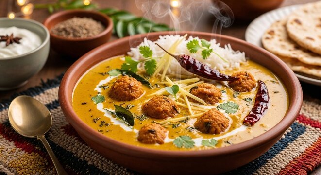 Indian kadhi with pakoras in terracotta bowl