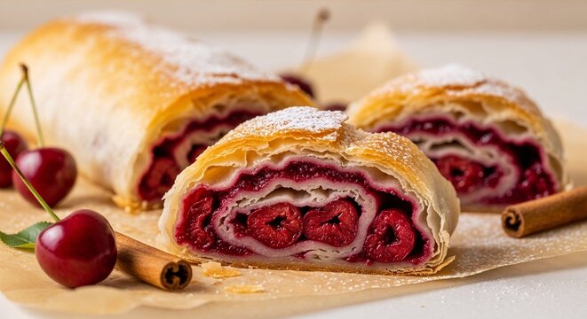Hungarian r&eacute;tes cherry strudel with flaky phyllo layers