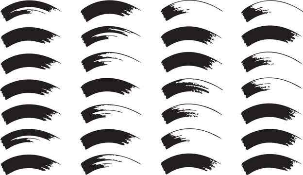 Grunge black ink brush strokes vector set, hand drawn curved paint swatches, 24 textured calligraphy artistic elements for graphic design