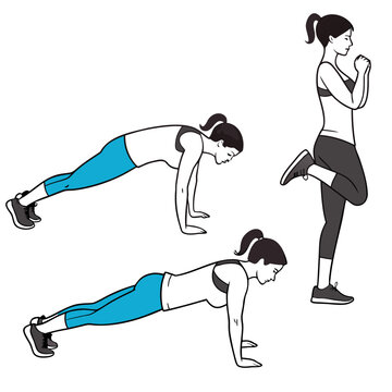 A series of illustrations depicts a woman demonstrating three progressive stages of a burpee exercise a full body workout high quality professional