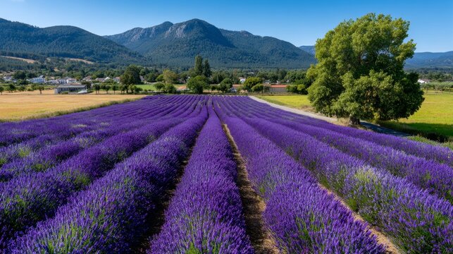 Scenic aerial view of a vibrant purple lavender field in full bloom with mountains and a clear blue sky.