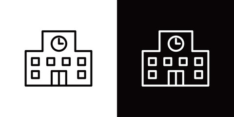 Fototapeta premium 学校の建物のラインアイコン。白い線と黒い線のモノクロベクターイラストセット
