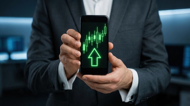 Businessman analyzing bullish stock market trend on smartphone with crypto trading chart showing upward arrow and positive growth