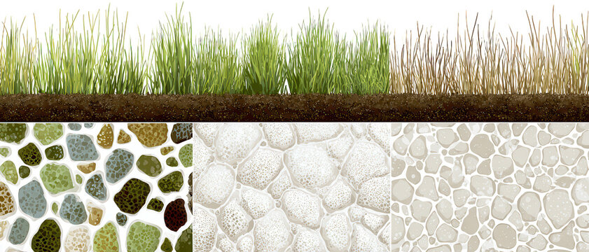 Composition visuelle de textures naturelles vari&eacute;es, incluant de l'herbe verte et s&egrave;che avec de la terre, ainsi que divers motifs de galets et graviers min&eacute;raux.