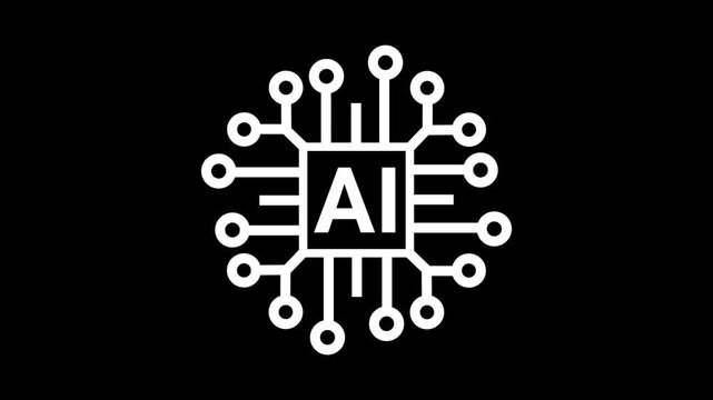 white AI processor chip outline icon animation with smooth circuit lines on black background.4k animation.