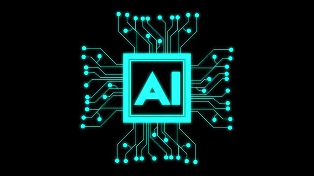 White AI processor chip outline icon animation with smooth circuit lines on black background, clean 4K motion design