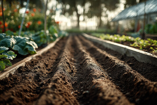 Freshly turned soil in vegetable garden beds ready for planting vegetables in early morning light Generative AI