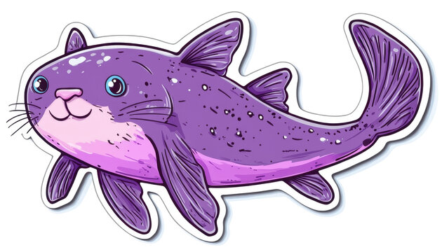 Adorable autocollant illustr&eacute; d'un chat-poisson violet souriant, une cr&eacute;ature hybride fantaisiste aux yeux bleus et aux moustaches.