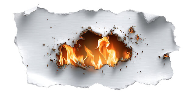 Feu ardent et flammes vives jaillissant d'un trou d&eacute;chir&eacute; et br&ucirc;l&eacute; dans une feuille de papier blanc sur fond uni.