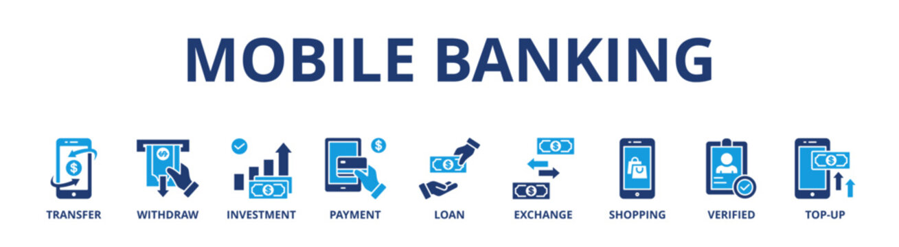 Mobile banking banner web icon vector illustration concept with icon of transfer, withdraw, investment, payment, loan, exchange, shopping, verified and top-up 