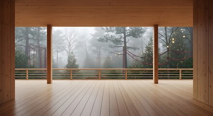 Fototapeta premium Cozy wooden porch overlooking a misty forest with festive holiday lights creating a magical winter wonderland atmosphere
