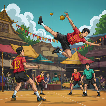 Young men playing sepak takraw match with traditional village backdrop, action illustration featuring competitive sports movement and vibrant outdoor setting