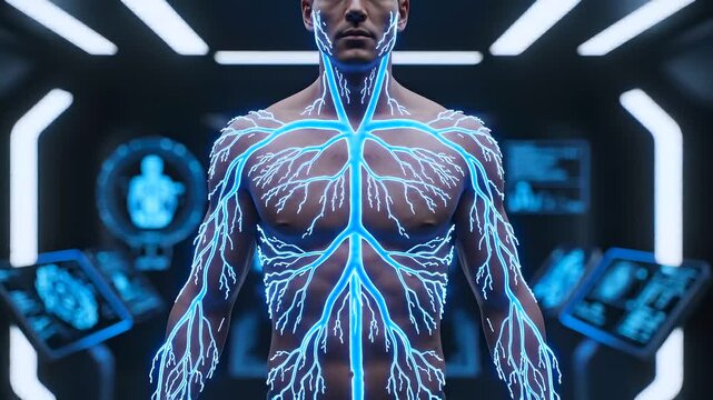 human body displaying neural network front view as signals travel through full anatomy in medical scan room, illustrating bioelectric pathways, diagnostics, futuristic healthcare analysis