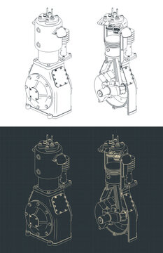 Air compressor cutaway technical drawings with internal parts