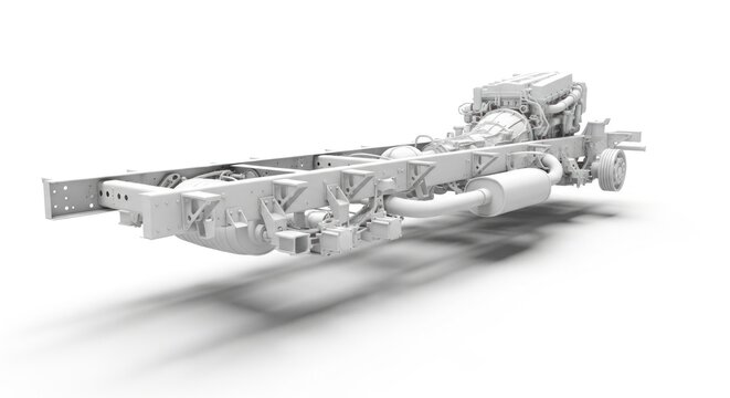 A metallic vehicle chassis with engine and suspension components on white background