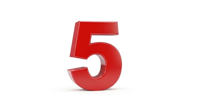 A large, red, 3D-rendered number five standing alone on a white background