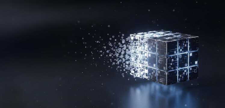 Futuristic tech cube disintegrating into digital particles representing data transfer pixelation and digital transformation