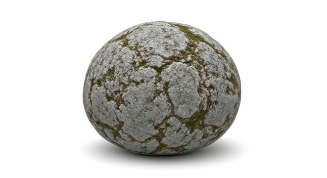 A gray and green melon with an intricate netted skin texture sits on a plain white background