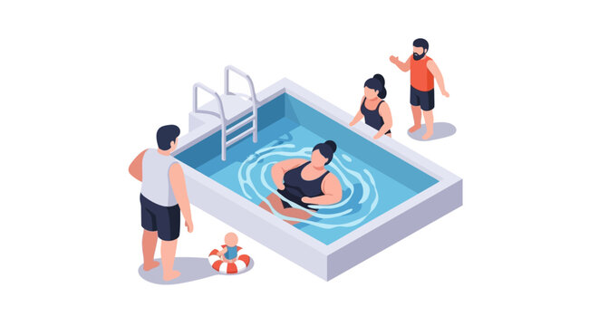Isometric illustration of people enjoying a refreshing swimming pool experience.