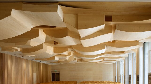 Acoustic Wood Ceiling Panels with Modern Wave Design in a Contemporary Interior Architecture