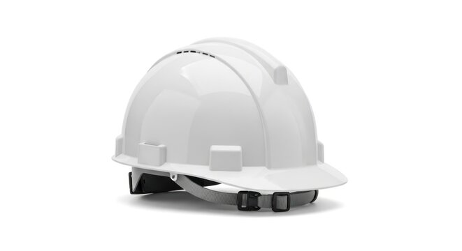 A white hard hat with a ratchet suspension system on a plain white background