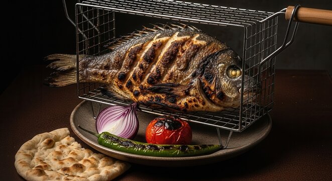 Grilled sea bream is presented in a metal roasting basket served with roasted vegetables and flatbread.