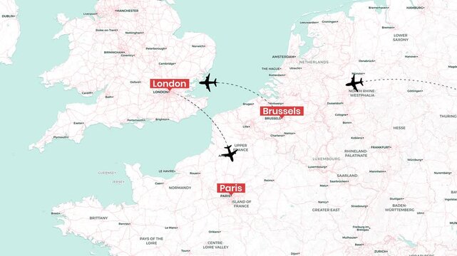 Map of European cities with animated flight paths and moving airplanes footage