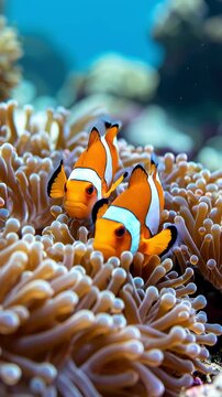 Two Clownfish Nestled in Vibrant Coral Reef Ecosystem.