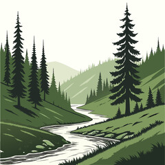 Fototapeta premium A stylized illustration depicts a winding river flowing through a lush green valley framed by towering evergreen trees and rolling hills