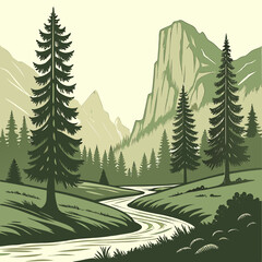 Fototapeta premium A serene landscape depicts a winding river flowing through a lush valley framed by majestic mountains and towering evergreen trees high quality