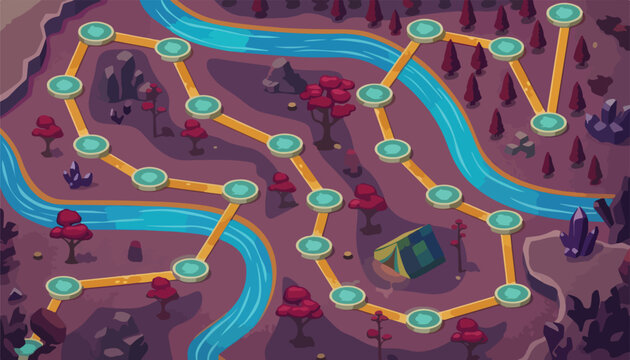 Fantasy game map level selector, mobile game UI world map with river and forest, cartoon adventure path with level nodes and camping tent