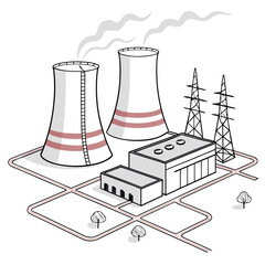 Fototapeta premium An illustrative depiction showcases a nuclear power plant with cooling towers transmission lines and surrounding infrastructure high quality professional detailed modern elegant