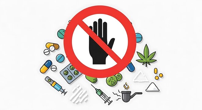 Stop Drugs Prohibition Sign with Medical Pills, Syringes, and Marijuana Leaf