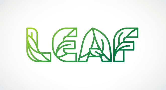 Minimalist green gradient 'LEAF' wordmark logo featuring integrated botanical elements and natural