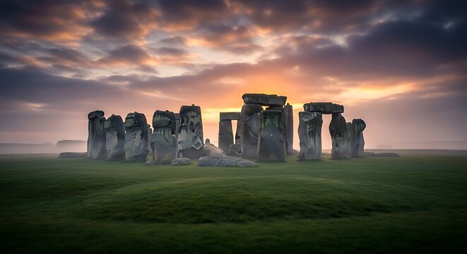 Stonehenge at Sunrise: Ancient Monoliths in Morning Mist and Golden Sky