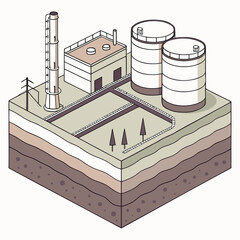 Naklejka premium An isometric illustration depicts an industrial complex featuring storage tanks a building and a smokestack set within a geological cross section