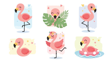 Cute pink flamingo vector set, 6 tropical bird character illustrations with monstera leaves and hearts, summer flamingo stickers for kids © Asia