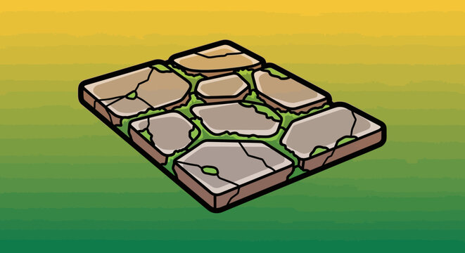 Charming cartoon illustration of an isometric stone path segment with green moss between the