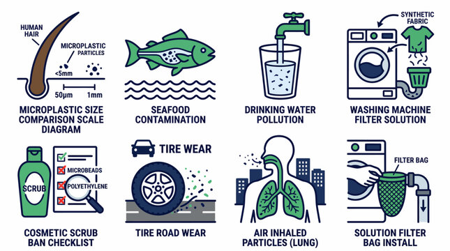 Microplastic pollution infographic with health risks seafood contamination tire wear and filtration solutions