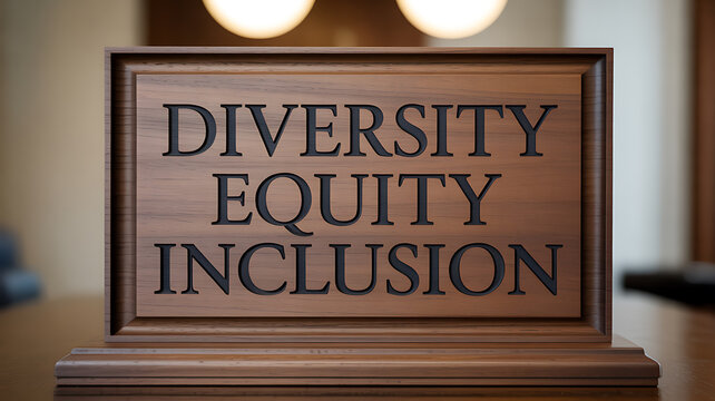 Wooden plaque with diversity equity inclusion text ideal for cinematic storytelling and documentaries
