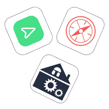 A set of three square icons featuring a green triangle, red compass, and house with gears