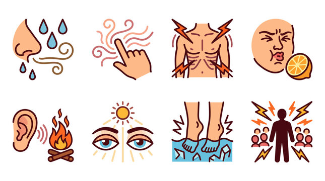 Sensory processing disorder and five senses icons for hypersensitivity and overload concept