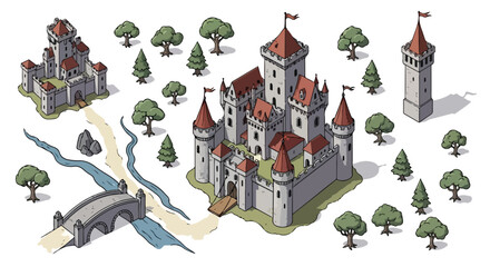 Isometric medieval castle vector set, ancient stone fortress with red roofs, fantasy kingdom map elements with bridge and forest trees © sweet.love.com