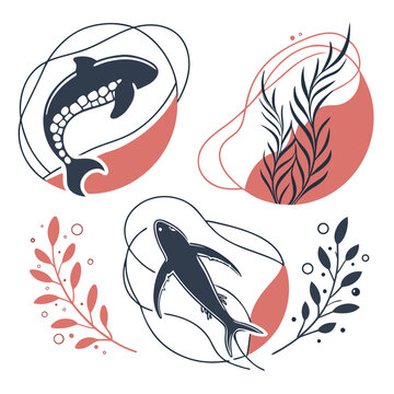 A minimalist vector graphic illustration of sharks and seaweed in a modern flat design style