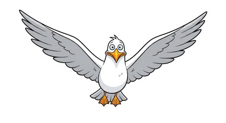 Fototapeta premium A cartoon seagull with white body, gray wings, orange beak and feet, and expressive eyes, flying with outstretched wings