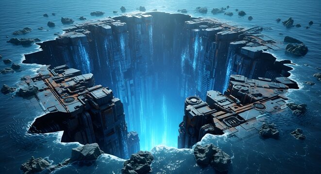 Enigmatic oceanic abyss opens a portal to a futuristic dimension with glowing blue energy streams illuminating colossal industrial structures submerged in deep turbulent water